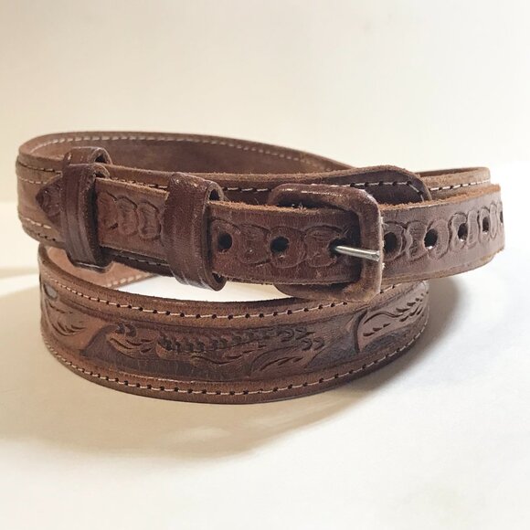 Vintage Handcrafted Tooled Mens Womens Brown Leather Belt Size 32 S/M 30"-34" - Picture 1 of 16